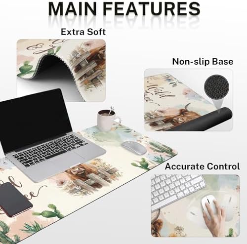 Arttown Keyboard Mouse Pad Set, 4 in 1 Desk Mat Set Cow Boho - Image 3
