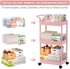 Volnamal Diaper Caddy, 3 Tier Rolling Cart for Baby Essentials, Pink - Image 3