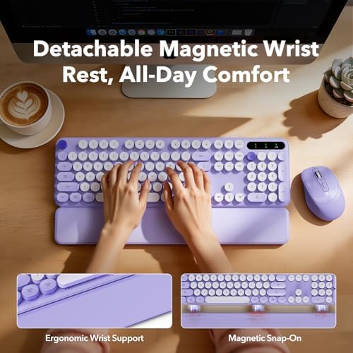 Wireless Keyboard Mouse Combo, Purple, Round Keycaps, Magnetic Wrist Rest - Image 2