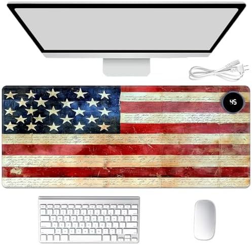 Heated Mouse Pad Hand Warmer, Warm Desk Pad Mousepad Desk Mat with 3 Levels Heating and Auto Shut Down 31.5 x 13 inch PU Leather Warmer Keyboard Mat for Gaming Office Home, USA American Flag Retro by Unknown