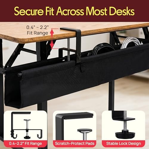 Pyle 48" Under Desk Cable Management Tray, Under Desk Wire Organizer with Clamp or Screw Mount, Desk Cable Organizer with Fabric Design for Large Workstations, Built-in Ties, 20 lb Capacity, Black - Image 3