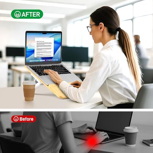 AFOOYO Adjustable Bamboo Laptop Stand,Portable Computer Riser,Ergonomic Notebook Mount with Wrist Rest,Compatible with 9.8-15'' All Laptops,MacBook Air Pro/HP/Dell/Lenovo,Bamboo - Image 5