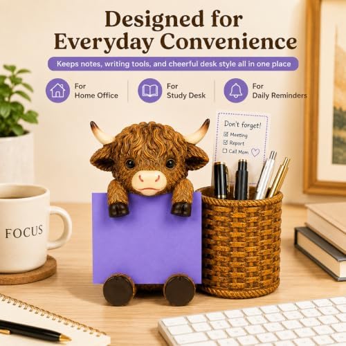Highland Cow Note Pad Dispenser with Pen Cup, Desk Organizer - Image 4