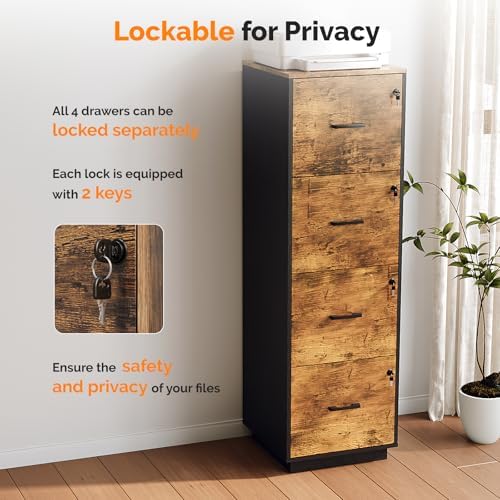 VINGLI 4 Drawer File Cabinet with Lock, Home Office Filing Organizer, for Letter Size File Folder Storage, Wood Tall Vertical Filing Cabinet, Printer Stand, Archivador (Rustic Brown) - Image 5
