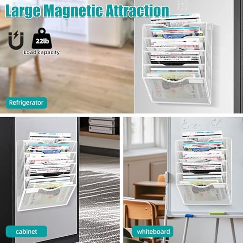 5-Tier Magnetic File Organizer, No Drilling Installation, White Magnetic Paper Holder, Magazine Rack for Refrigerator and File Cabinets - Image 5