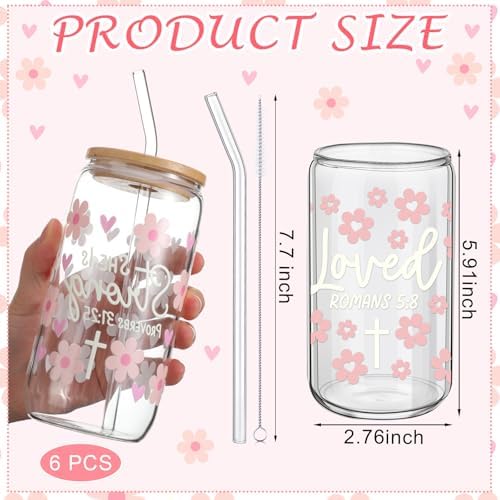 6 Set Christian Glass Cups with Lids and Straw Bible Verse 16 oz - Image 3