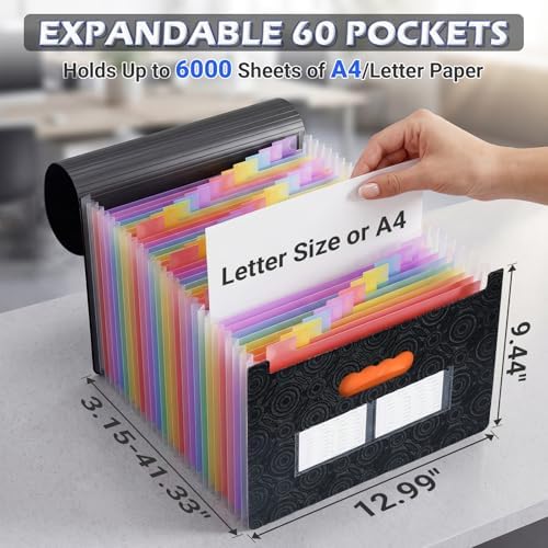AFMAT Accordion File Organizer, 60 Pockets Expanding File Folder w/Labels, Expandable Letter/A4 Size File Folder for Bill Tax Receipt, Portable File Organizer for Home Office School AF11BK - Image 3
