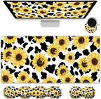Gaming Mouse Pad Wrist Support & Desk Mat(35.4" x 15.7") & Keyboard Wrist Rest & Coasters CGFGHHUY 4 Pcs Set with Memory Foam Ergonomic Easy Typing Pain Relief - Cow Print Sunflowers by CGFGHHUY