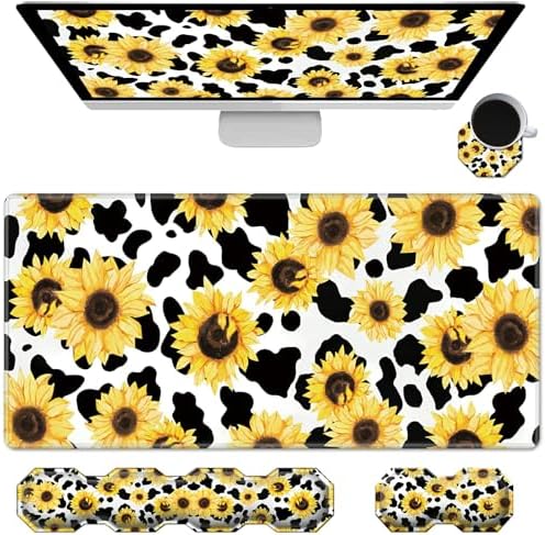 Gaming Mouse Pad Wrist Support & Desk Mat(35.4" x 15.7") & Keyboard Wrist Rest & Coasters CGFGHHUY 4 Pcs Set with Memory Foam Ergonomic Easy Typing Pain Relief - Cow Print Sunflowers by CGFGHHUY