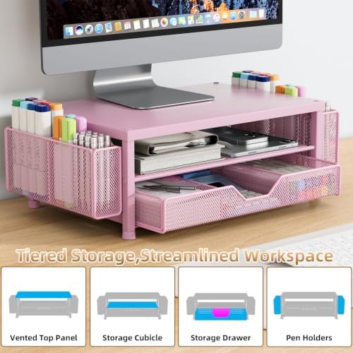 Monitor Stand Riser with Mesh Drawer and 2 Side Pen Holders, Pink Metal Top - Image 3