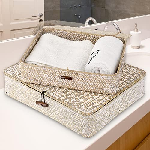 Hipiwe Set of 2 Flat Woven Wicker Basket Bins with Lid Natural Seagrass Box - Image 3