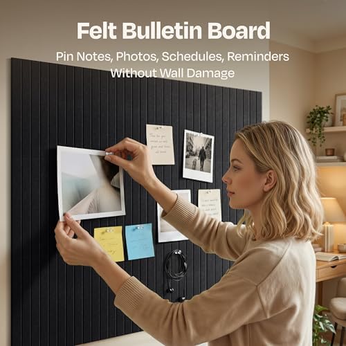 X-Large Cork Board Alternative 12-Pack Felt Bulletin Board Thick and Decorative Pin Board for Home Office Walls 47.24 x 35.43 Inches with 72 Adhesive Tabs - [Deep Black] - Image 2