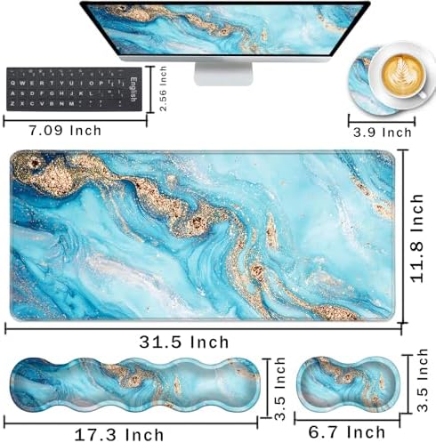 Keyboard Wrist Rest and Mouse Pad with Wrist Support Set Ergonomic Coaster,Memory Foam,Easy Typing Pain Relief,Large XL Desk Mat 31.5"x 11.8",Abstract Marble Texture - Image 2