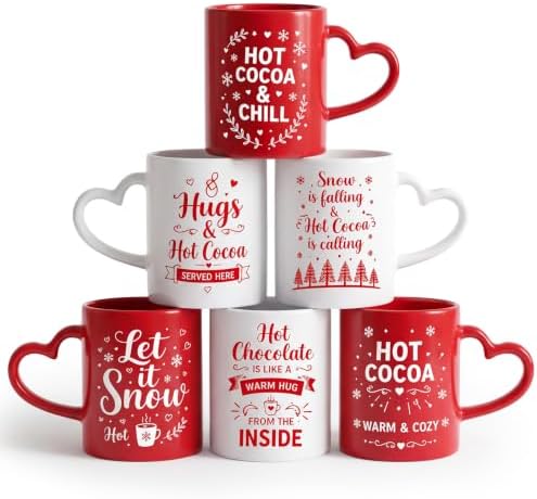 Pickmesh Christmas Coffee Mugs with Heart Handles, 6 Pack 10 Oz Cups by Pickmesh
