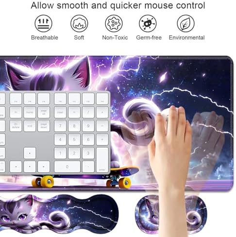 4 in 1 Ergonomic Keyboard Wrist Rest & Mouse Pad Wrist Rest Set, Large XXL Gaming Desk Mat 31.5"x 11.8" with Non-Slip Base, Memory Foam for Home Office Study Gaming, Cute Cat Playing Scooter - Image 3