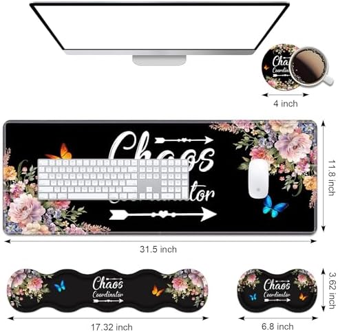 Ergonomic Keyboard Wrist Rest & Mouse Pad Wrist Rest Set, 31.5"x 11.8" Large XXL Gaming Desk Pad Memory Foam Non-Slip Desk Mat for Office & Home, Vintage Watercolor Floral Quote Chaos Coordinator - Image 2
