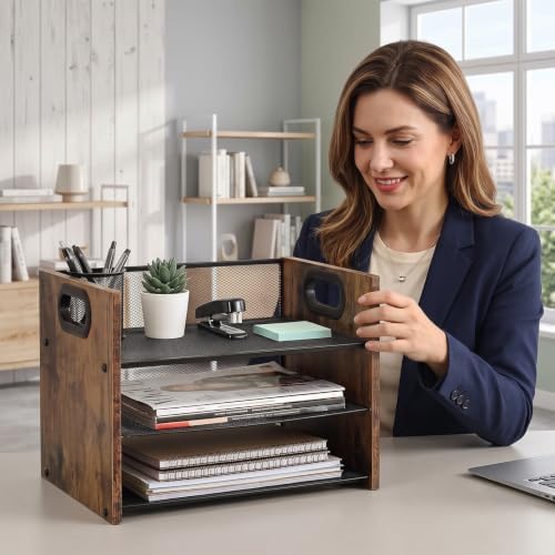 Desk Organizer - 3 Tier Wood & Metal Mesh Desktop Organizer for Office, Home, School, Workspace, Office Desk Organzier for Papers, Mail, Notebooks, Stationery - Image 6