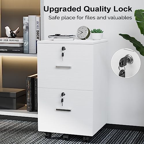 VINGLI 2 Drawer File Cabinet with Lock, Wood Grain White File Cabinets for Letter Size File Folders with Tabs, Mobile Under Desk Filing Cabinets for Home Office, Rolling Filing Cabinet Printer Stand - Image 6