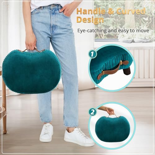 LUE BONA Small Curved Foot Stool with Handle, Teal Velvet Footstool and Ottomans, Modern Foot Rest with Wooden Legs, Step Stool with Padded Seat for Couch, Living Room - Image 3