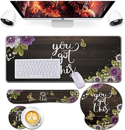 Bxgolkgd Keyboard Wrist Rest and Mouse Pad Wrist Support Set,Ergonomic Memory Foam Wrist Pad & Non Slip Base for Home Office Working Studying Easy Typing,Pain Relief,Flower Butterfly You Got This by Bxgolkgd
