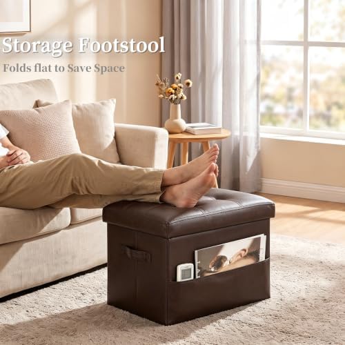 Ottoman with Storage, Folding Leather Foot Stools Ottoman for Dorm, Brown - Image 4