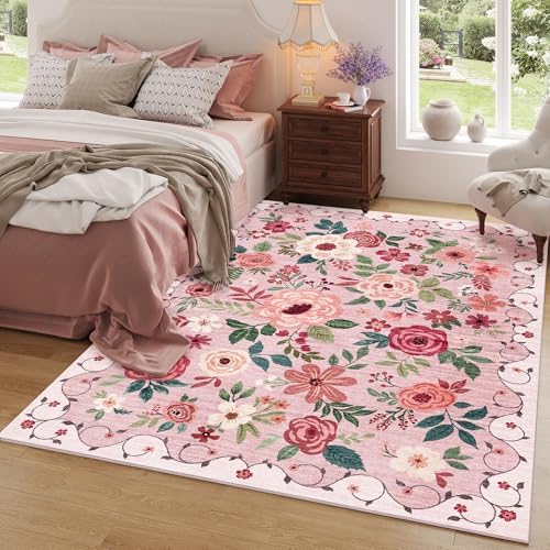 DUKINO 6x9 Area Rugs, Floral Washable Rug for Bedroom Non Slip, Pink - Image 3