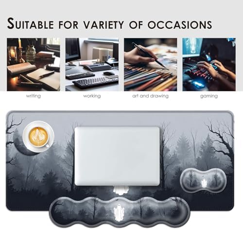Large Keyboard Mouse Pad Set, Extended Mouse Pad+Keyboard Wrist Rest Support, Memory Foam Ergonomic Easy Typing, 4Pcs (31.5×11.8 in) Desk Pad Set for Office Home,Ghost in Misty Forest - Image 7