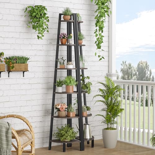 Hoctieon Corner Shelf, 6-Tier Corner Bookshelf, Rustic Ladder Shelf, Industrial Display Stand for Living Room, Kitchen, Home Office, Balcony, Small Space, Metal Frame, Grey - Image 7
