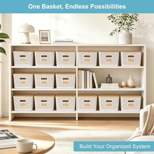 Bagnizer 2 Pack Tall Plastic Storage Bins with Bamboo Lids, 10.8qt Stackable Storages Baskets for Organizing Desktop Closet Playroom Classroom Office, 12"L x 8.3"W x 6.1"H, Cream White - Image 6