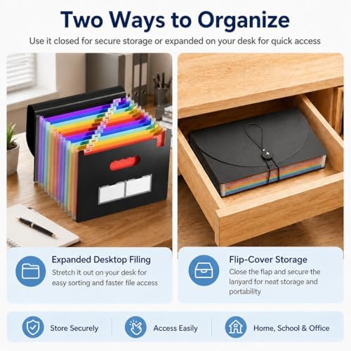 5 Pack Accordion File Organizer, 13-Pocket Expanding File Folders, Letter/A4 Document Holder with Flip Cover, Lanyard Closure, Labels for Bills, Receipts, Taxes, Office, School, Black - Image 6