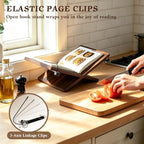 Walnut Wooden Cookbook Stand with Elastic Page Clips, 15.8" x 9.5" x 5.5" Large Recipe Book Holder for Kitchen Counter, Hands Free Display Stand for Cooking - Image 3
