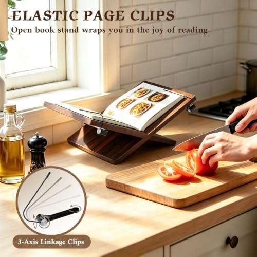 Walnut Wooden Cookbook Stand with Elastic Page Clips, 15.8" x 9.5" x 5.5" Large Recipe Book Holder for Kitchen Counter, Hands Free Display Stand for Cooking - Image 3