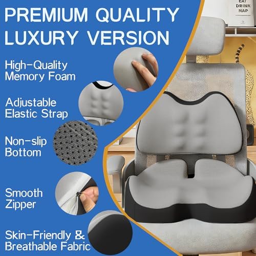 Benazcap Large Memory Foam Seat Cushion Lumbar Support Pillow for Sciatica & Tailbone Pressure Relief Coccyx Pad for Office Chair, Wheelchair, Car, Home, Office, Grey - Image 2