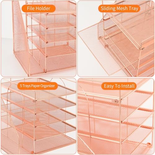 LEKETREE Desk Organizers and Accessories, 5-Tier Paper Letter Tray Organizer with File Holder, Desktop Organizer for Office Supplies (Rose Gold) - Image 3