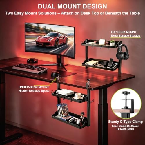 Clamp On Desk Shelf Organizer, 2-Tier Storage with Hooks - Image 5