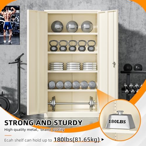 INTERGREAT Metal Storage Cabinet Doors, 72" Locking Steel Storage Cabinet with Shelves, Tall Lockable Steel Cabinets for Home Office, Garage(Grey) - Image 5