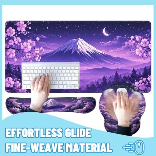Cherry Blossoms Desk Mat Set Mount Fuji Purple Sky Mouse Pad with Wrist Rest 4in1 Desk Mat for Desktop Ergonomic Keyboard Wrist Support Anti-Slip Computer Ergonomic Mouse Pad Home Office Gaming - Image 4
