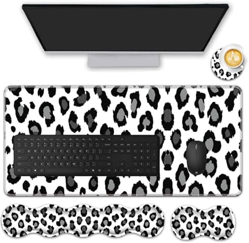 Mouse Pad Set,(31.5×11.8 in) Desk Pad + Keyboard Wrist Rest Support + Mouse Wrist Rest + Coaster for Office,Home,Computer,Laptop - 4 Black and White Leopard Print by FGDRFGRW