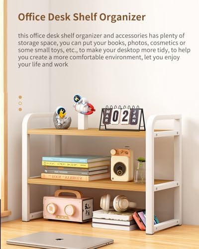Office Desk Shelf Organizer, Wood Desktop Bookshelf Supplies Storage Rack, Shelf for Top of Desk and Dresser and Cubicle Decor Aesthetic Bookshelf (White Wood-Two Tier) - Image 3