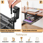Cedilis Under Desk Drawer Organizer Slide Out, 2-Tier Metal Under Table Storage Drawers Clamp On for Home Office, Black, No Drilling - Image 4