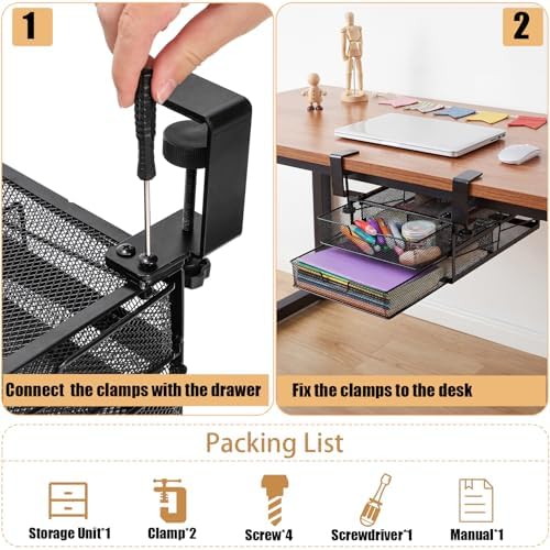 Cedilis Under Desk Drawer Organizer Slide Out, 2-Tier Metal Under Table Storage Drawers Clamp On for Home Office, Black, No Drilling - Image 4