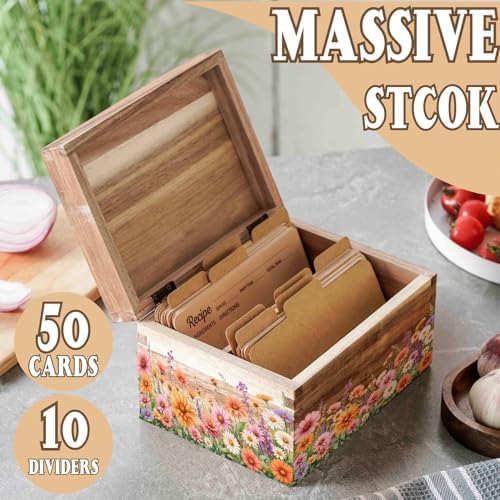 InnoBeta Floral Recipe Box with Flower Pattern Design, Recipe Card Holder Box with 50 Recipe Cards, 10 Dividers, Recipe Organizer for Christmas, Birthday, Mother's Day - Image 2