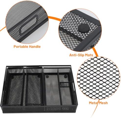 5 Pack Desk Drawer Organizer Tray Set - Stackable Metal Mesh Desk Drawer Organizers and Accessories, for Office Supplies Storage(Black) - Image 3