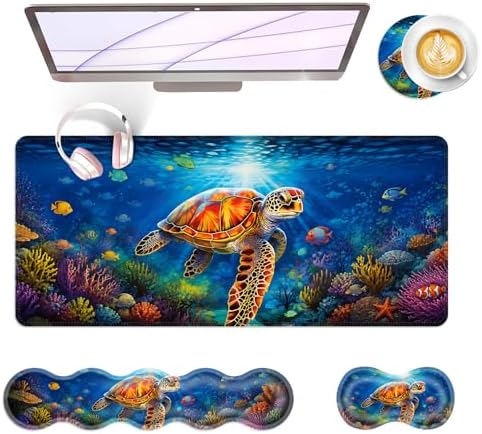 Large Keyboard Mouse Pad Set, Extended Mouse Pad+Keyboard Wrist Rest Support, Memory Foam Ergonomic Easy Typing, 4Pcs (31.5×11.8 in) Desk Pad Set for Office Home,Sea Turtle Swimming Underwater by Unknown