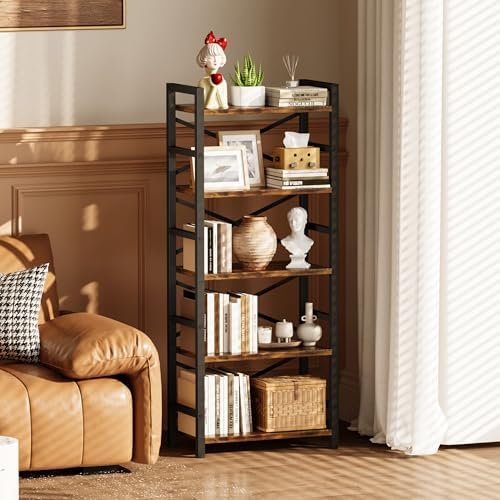 Organization and Storage, 5 Tier Bookshelf, Tall Bookcase with Shelves, Wood and Metal Book Shelf Storage Organizer, Industrial Display Standing Shelf Unit for Bedroom, Living Room, Rustic Brown - Image 5