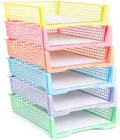 Set of 6 Pastel Turn in Trays for Teachers Stackable Classroom Paper Letter Trays Plastic Classroom Desk Letter Organizer Tray Storage Baskets for Library, Drawers, Office, Home by CHUNNIN