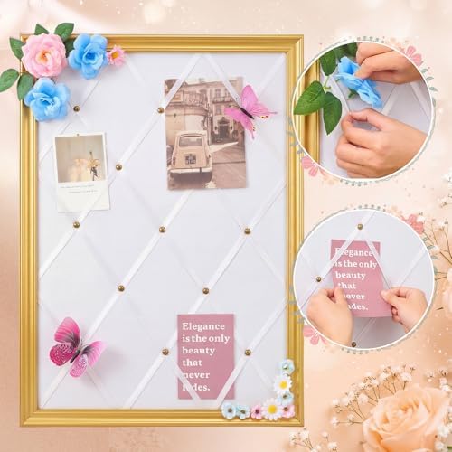 DoubleFill White Bulletin Board 21"×27" Linen Fabric Decorative Board Hanging Memo Boards for Women Large Cork Bulletin Boards for Home Office with 20 Pushpins - White Linen with Gold Frame - Image 3