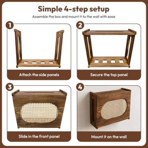 Wooden Wi-Fi Router Box Hider, Rattan Door, Standard Wall Mountable Decorative Modem Shelf, Fits Routers Up to 11" Tall, Power Strip Cable Organizer Rack - Dark Wood Grain - Image 5