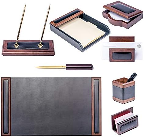 DACASSO Wood & Leather Desk Set - Luxury Leather Desk Pad & Desk Organization Essentials - Office Organization & Executive Desk Decor - (Walnut and Black, 8 Piece) - Image 3