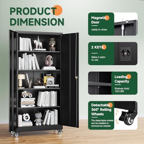 Letaya Metal Garage Storage Cabinets with Wheels,Steel Tool Cabinets Lock Door and Adjustable Shelves for Home,Office,Warehouse Organisieren (Black, 75" H) (Pack of 2) - Image 6